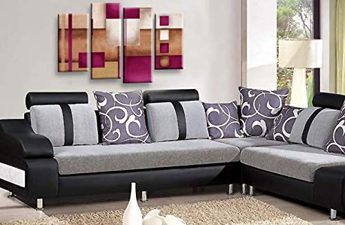 LR Purple Abstract Wall Art Picture Cream Squares Checks Framed Canvas Split Print Ready to Hang