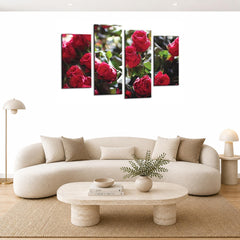 LR Red Floral Rose Wall Art Picture Framed 4 Panel Split Canvas Print | Ready to Hang | Modern Wall Art for Living Room, Bedroom & Office