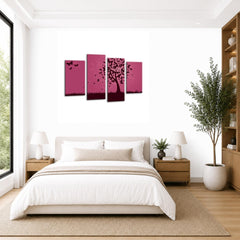 LR Floral Abstract Wall Art Picture – Purple & Grey Butterfly Framed 4 Panel Split Canvas Print | Ready to Hang | Modern Wall Art for Living Room, Bedroom & Office