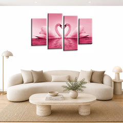 LR Love Heart Swans Wall Art Picture – Pink, Cream & White Framed 4 Panel Split Canvas Print | Ready to Hang | Modern Wall Art for Living Room, Bedroom & Office