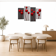 LR Red Floral Rose Wall Art Picture – Grey Framed 4 Panel Split Canvas Print | Ready to Hang | Modern Wall Art for Living Room, Bedroom & Office