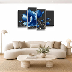 LR Floral Rose Blue Wall Art Picture Framed 4 Panel Split Canvas Print | Ready to Hang | Modern Wall Art for Living Room, Bedroom & Office