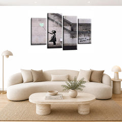 LR Banksy Heart Wall Art Picture – Grey & Duck Egg Graffiti Art Framed 4 Panel Split Canvas Print | Ready to Hang | Modern Wall Art for Living Room, Bedroom & Office