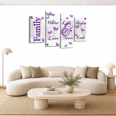 LR Family Love Quote Wall Art Picture – Purple & White Framed 4 Panel Split Canvas Print | Ready to Hang | Modern Wall Art for Living Room, Bedroom & Office