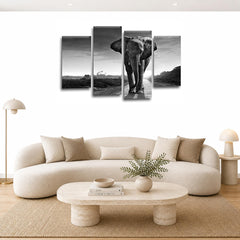 LR Elephants Animal Wall Art Picture – Grey & Black African Elephant Framed 4 Panel Split Canvas Print | Ready to Hang | Modern Wall Art for Living Room, Bedroom & Office