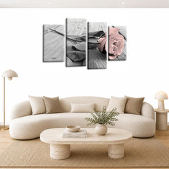 LR Floral Pink Rose Wall Art Picture – Grey & White Framed 4 Panel Split Canvas Print | Ready to Hang | Modern Wall Art for Living Room, Bedroom & Office