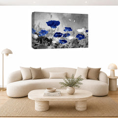 LR Grey Floral Wall Art Picture – Blue & White Poppy Framed Canvas Print | Ready to Hang | Modern Wall Art for Living Room, Bedroom & Office