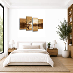LR Landscape Lake Wall Art Picture – Cream & Brown Floral Framed 4 Panel Split Canvas Print | Ready to Hang | Modern Wall Art for Living Room, Bedroom & Office