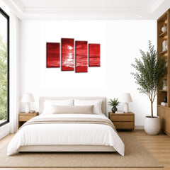 LR Sunset Beach Wall Art Picture – Red & Cream Seascape Framed 4 Panel Split Canvas Print | Ready to Hang | Modern Wall Art for Living Room, Bedroom & Office