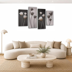 LR Floral Wall Art Picture – Grey Framed 4 Panel Split Canvas Print | Ready to Hang | Modern Wall Art for Living Room, Bedroom & Office