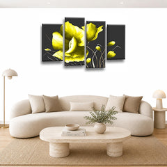 LR Floral Rose Yellow Wall Art Picture Framed 4 Panel Split Canvas Print | Ready to Hang | Modern Wall Art for Living Room, Bedroom & Office