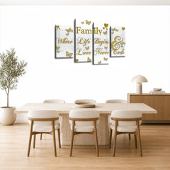 LR Family Quote Wall Art Picture – Grey, Gold & White Love Framed 4 Panel Split Canvas Print | Ready to Hang | Modern Wall Art for Living Room, Bedroom & Office