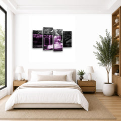 LR Waterfall Wall Art Picture – Purple, Black & White Forest Framed 4 Panel Split Canvas Print | Ready to Hang | Modern Wall Art for Living Room, Bedroom & Office