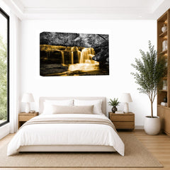 LR Orange Waterfall Wall Art Picture – Grey & White Forest Framed Canvas Print | Ready to Hang | Modern Wall Art for Living Room, Bedroom & Office