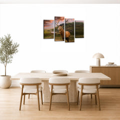LR Scottish Highland Stag Wall Art Picture – Grey, Green & Brown Framed 4 Panel Split Canvas Print | Ready to Hang | Modern Wall Art for Living Room, Bedroom & Office