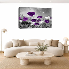 LR Grey Floral Wall Art Picture – Purple & White Poppy Framed Canvas Print | Ready to Hang | Modern Wall Art for Living Room, Bedroom & Office