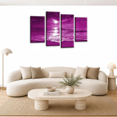 LR Sunset Beach Wall Art Picture – Purple & Cream Seascape Framed 4 Panel Split Canvas Print | Ready to Hang | Modern Wall Art for Living Room, Bedroom & Office