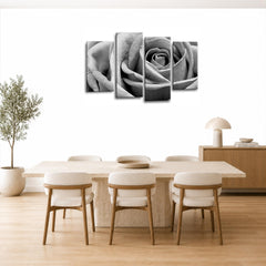 LR Floral Grey Rose Love Art Wall Art Picture – White Framed 4 Panel Split Canvas Print | Ready to Hang | Modern Wall Art for Living Room, Bedroom & Office
