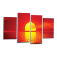LR Sunset Wall Art Picture – Red & Orange Beach Seascape Framed 4 Panel Split Canvas Print | Ready to Hang | Modern Wall Art for Living Room, Bedroom & Office