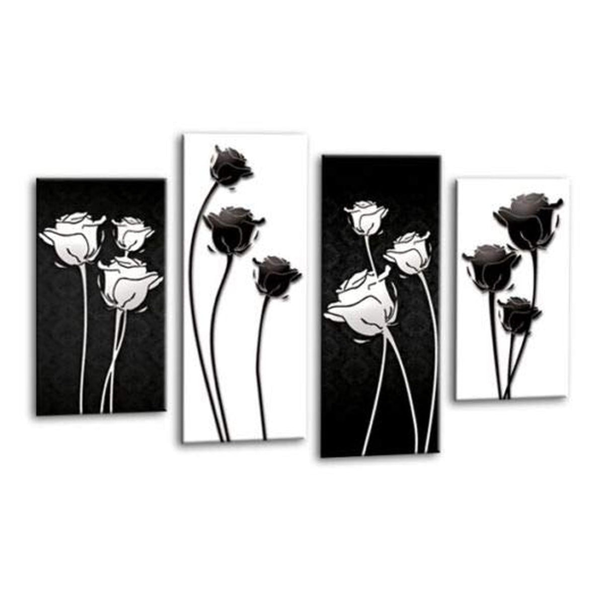 LR Floral Rose Wall Art Picture – Grey, Black & White Framed 4 Panel Split Canvas Print | Ready to Hang | Modern Wall Art for Living Room, Bedroom & Office