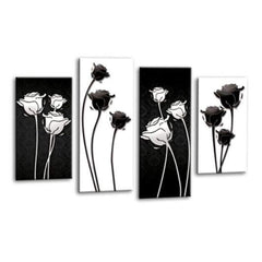 LR Floral Rose Wall Art Picture – Grey, Black & White Framed 4 Panel Split Canvas Print | Ready to Hang | Modern Wall Art for Living Room, Bedroom & Office