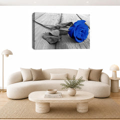LR Floral Blue Rose Wall Art Picture – Grey & White Framed Canvas Print | Ready to Hang | Modern Wall Art for Living Room, Bedroom & Office
