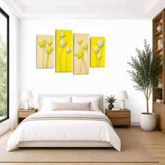 LR Floral Rose Wall Art Picture – Yellow & Cream Framed 4 Panel Split Canvas Print | Ready to Hang | Modern Wall Art for Living Room, Bedroom & Office