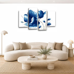 LR Blue Floral Wall Art Picture Framed 4 Panel Split Canvas Print | Ready to Hang | Modern Wall Art for Living Room, Bedroom & Office