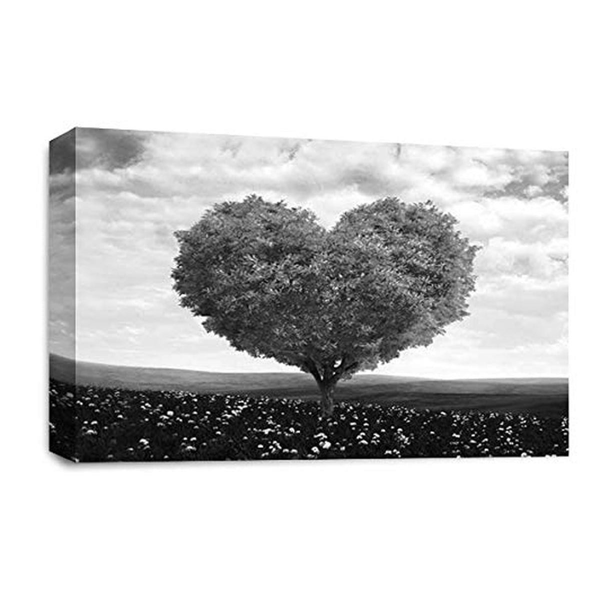 LR Floral Love Heart Tree Wall Art Picture – Grey & White Framed Canvas Print | Ready to Hang | Modern Wall Art for Living Room, Bedroom & Office