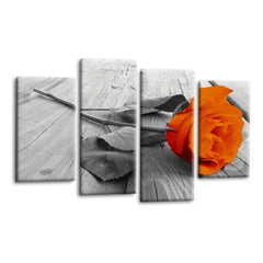LR Rose Floral Wall Art Picture – Grey & Orange Framed 4 Panel Split Canvas Print | Ready to Hang | Modern Wall Art for Living Room, Bedroom & Office