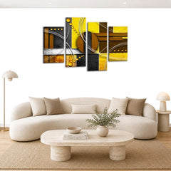 LR Abstract Wall Art Picture – Grey, Yellow & White Modern Framed 4 Panel Split Canvas Print | Ready to Hang | Modern Wall Art for Living Room, Bedroom & Office