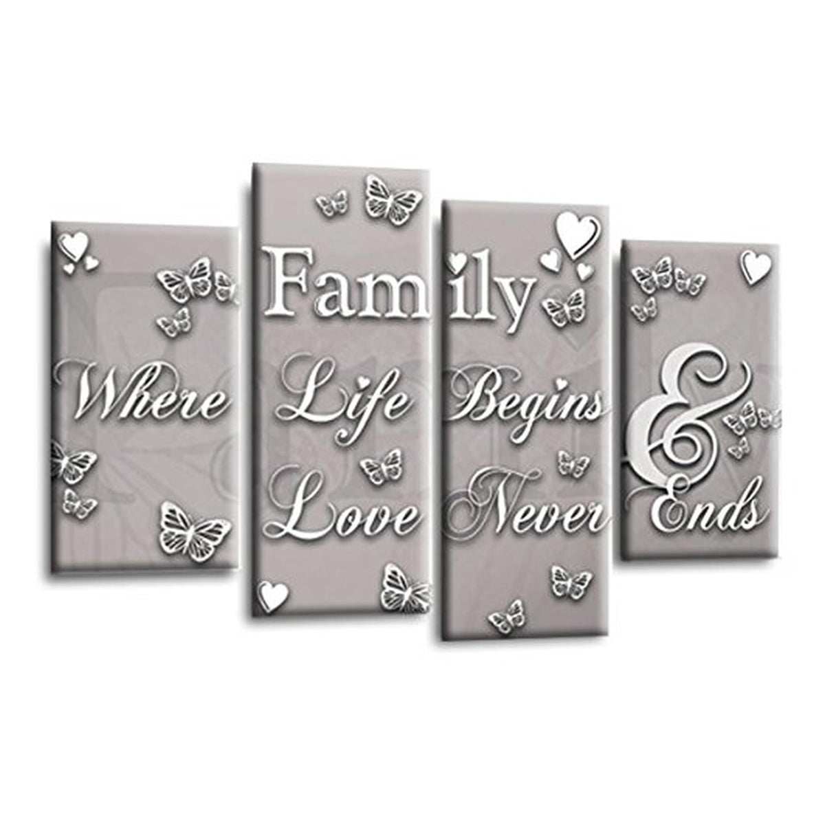 LR Family Love Quote Wall Art Picture – Grey, White & Powder Grey Framed 4 Panel Split Canvas Print | Ready to Hang | Modern Wall Art for Living Room, Bedroom & Office
