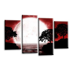 LR Landscape Wall Art Picture – Red, Black & White Floral Framed 4 Panel Split Canvas Print | Ready to Hang | Modern Wall Art for Living Room, Bedroom & Office