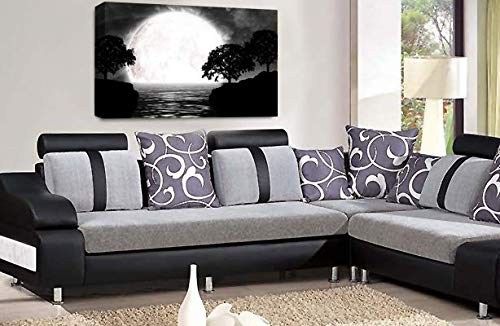 LR Abstract Landscape Wall Art Picture Grey Black White Big Moon Seascape Framed Canvas Print