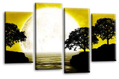 LR Landscape Canvas Wall Art Picture Black White Mustard Big Moon Lake Floral Framed Split Panel Canvas Print