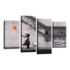 LR Banksy Heart Wall Art Picture – Grey & Orange Graffiti Art Framed 4 Panel Split Canvas Print | Ready to Hang | Modern Wall Art for Living Room, Bedroom & Office