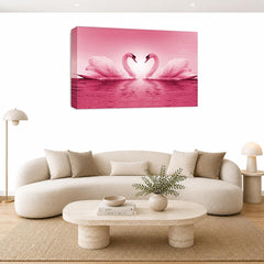 LR Love Heart Swans Wall Art Picture – Pink & White Framed Canvas Print | Ready to Hang | Modern Wall Art for Living Room, Bedroom & Office