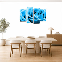 LR Floral Blue Rose Wall Art Picture Framed 4 Panel Split Canvas Print | Ready to Hang | Modern Wall Art for Living Room, Bedroom & Office