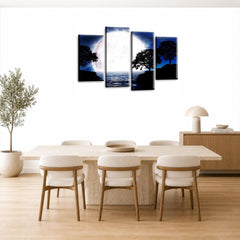 LR Landscape Wall Art Picture – Blue, Black & White Floral Framed 4 Panel Split Canvas Print | Ready to Hang | Modern Wall Art for Living Room, Bedroom & Office