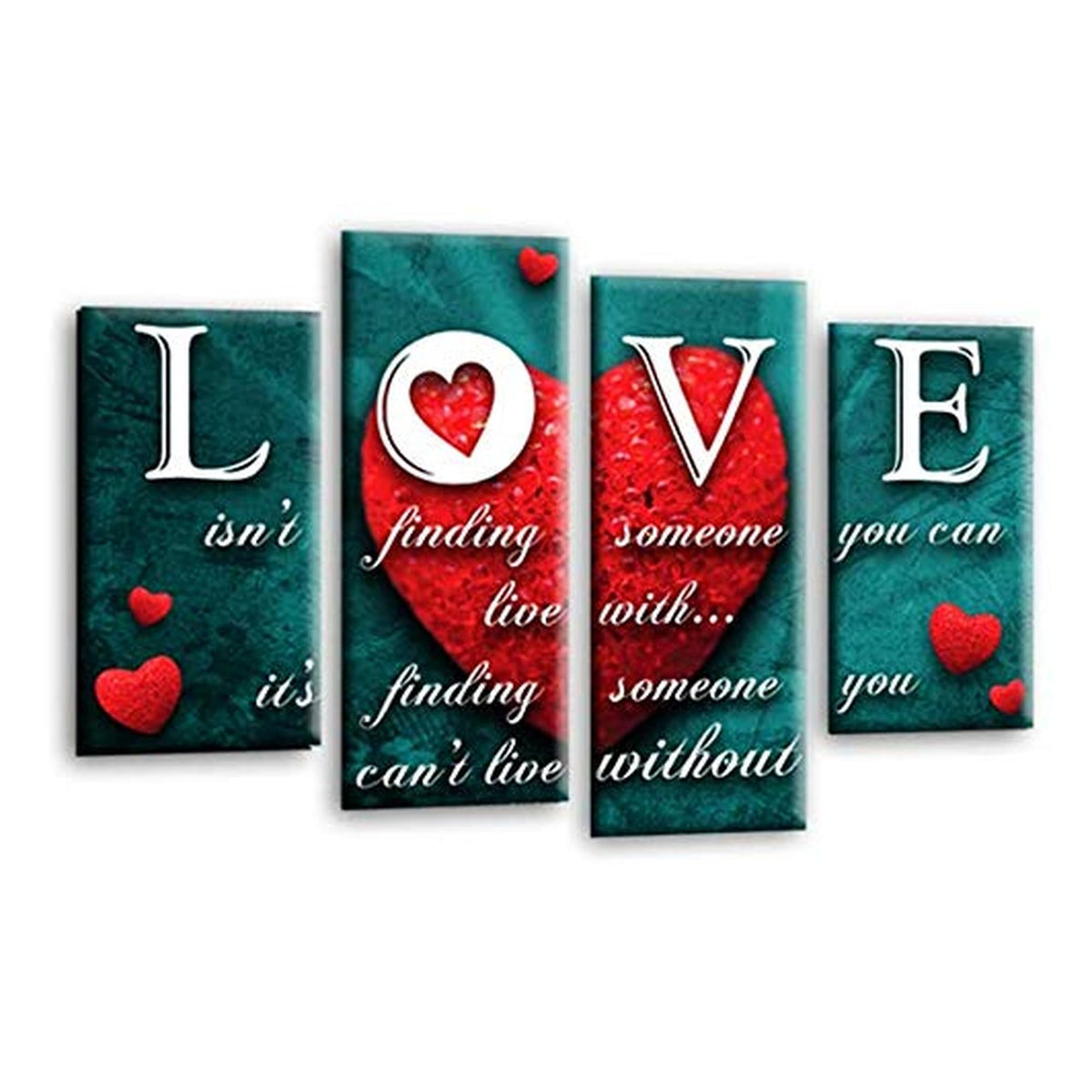 LR Love Quote Wall Art Picture – Red & Teal Framed 4 Panel Split Canvas Print | Ready to Hang | Modern Wall Art for Living Room, Bedroom & Office