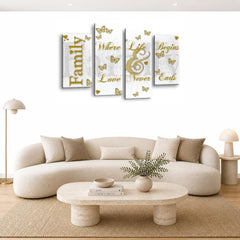 LR Family Love Quote Wall Art Picture – Gold & White Framed 4 Panel Split Canvas Print | Ready to Hang | Modern Wall Art for Living Room, Bedroom & Office