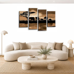 LR Elephants Sunset Wall Art Picture – Cream & Brown African Elephant Framed 4 Panel Split Canvas Print | Ready to Hang | Modern Wall Art for Living Room, Bedroom & Office