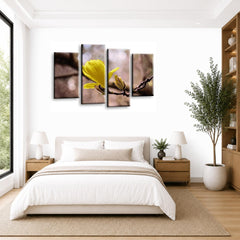 LR Floral Rose Wall Art Picture – Grey & Yellow Framed 4 Panel Split Canvas Print | Ready to Hang | Modern Wall Art for Living Room, Bedroom & Office