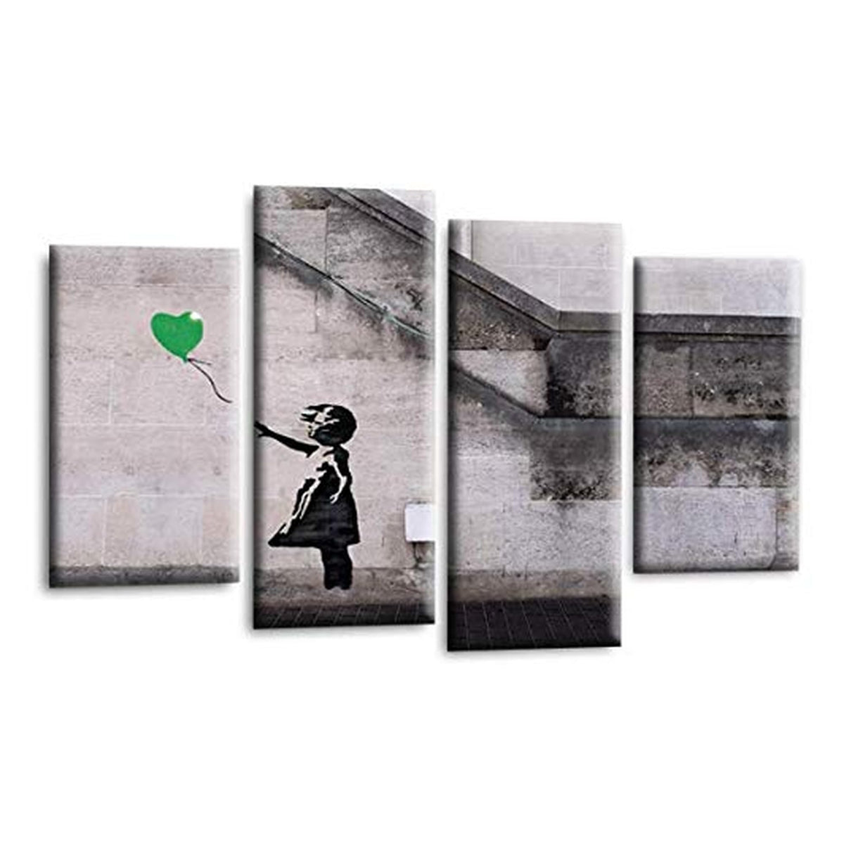 LR Banksy Heart Wall Art Picture – Grey & Green Graffiti Art Framed 4 Panel Split Canvas Print | Ready to Hang | Modern Wall Art for Living Room, Bedroom & Office