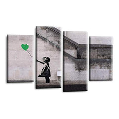 LR Banksy Heart Wall Art Picture – Grey & Green Graffiti Art Framed 4 Panel Split Canvas Print | Ready to Hang | Modern Wall Art for Living Room, Bedroom & Office
