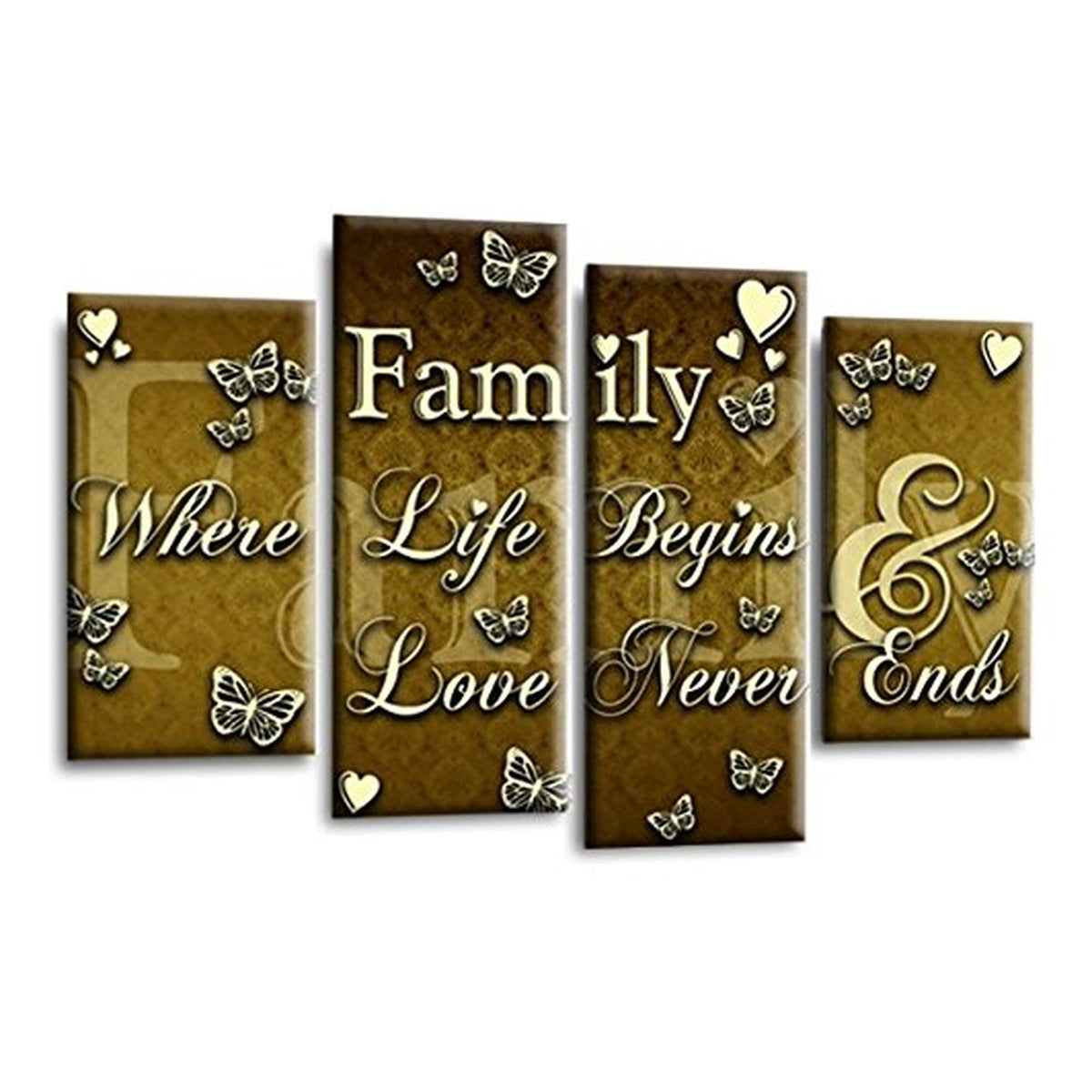 LR Family Love Quote Wall Art Picture – Cream & Brown Framed 4 Panel Split Canvas Print | Ready to Hang | Modern Wall Art for Living Room, Bedroom & Office