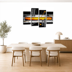 LR Black White Abstract Wall Art Picture – Orange & Modern Framed 4 Panel Split Canvas Print | Ready to Hang | Modern Wall Art for Living Room, Bedroom & Office