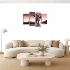 LR Elephant Sunset Wall Art Picture – Grey & Pink African Framed 4 Panel Split Canvas Print | Ready to Hang | Modern Wall Art for Living Room, Bedroom & Office