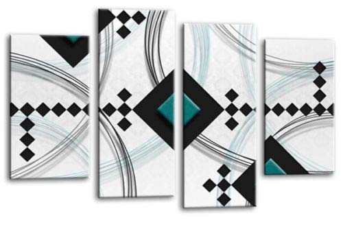 LR Abstract Wall Art Picture Black White Teal Stripes Checks Framed Split Panel Print Ready to Hang