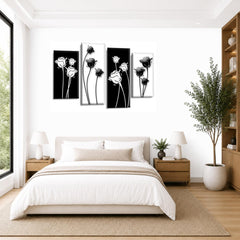 LR Floral Rose Wall Art Picture – Grey, Black & White Framed 4 Panel Split Canvas Print | Ready to Hang | Modern Wall Art for Living Room, Bedroom & Office